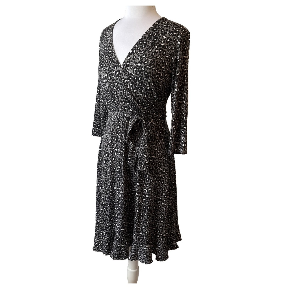 Leota Faux Wrap Black White Leopard Print Ruffle Midi Dress L Romance Office